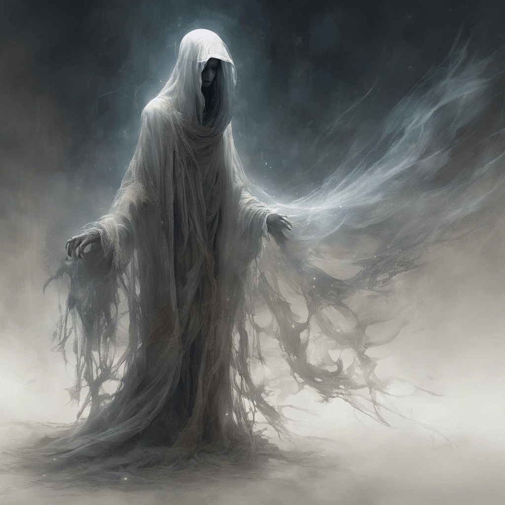 A semi-transparent figure, cloaked in tattered rags that flutter silently, its eyes hollow yet gleaming with a ghostly light. Wisps of ethereal energy trail from its form like tendrils of mist.