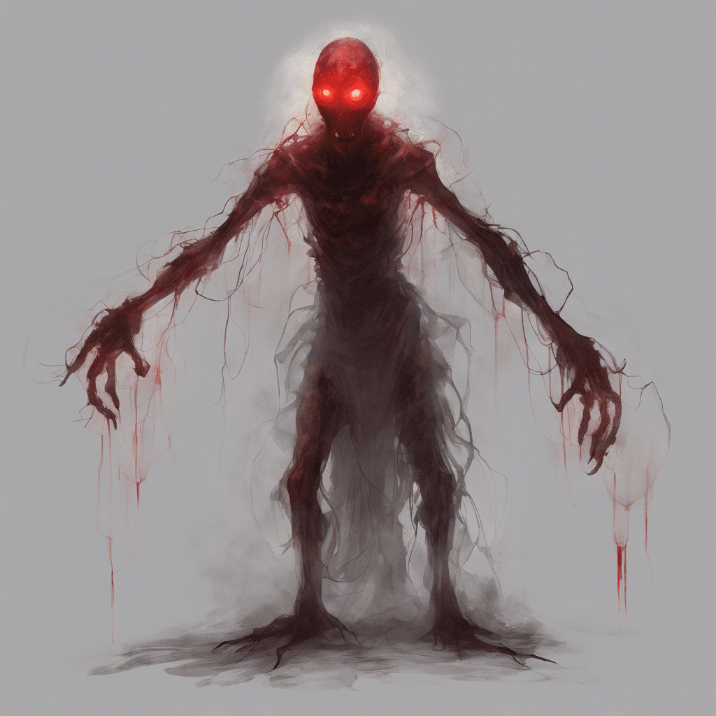 A translucent entity, vaguely humanoid, with tattered robes that seem to blend into the mist, its hollow eyesockets flicker with malicious red light.