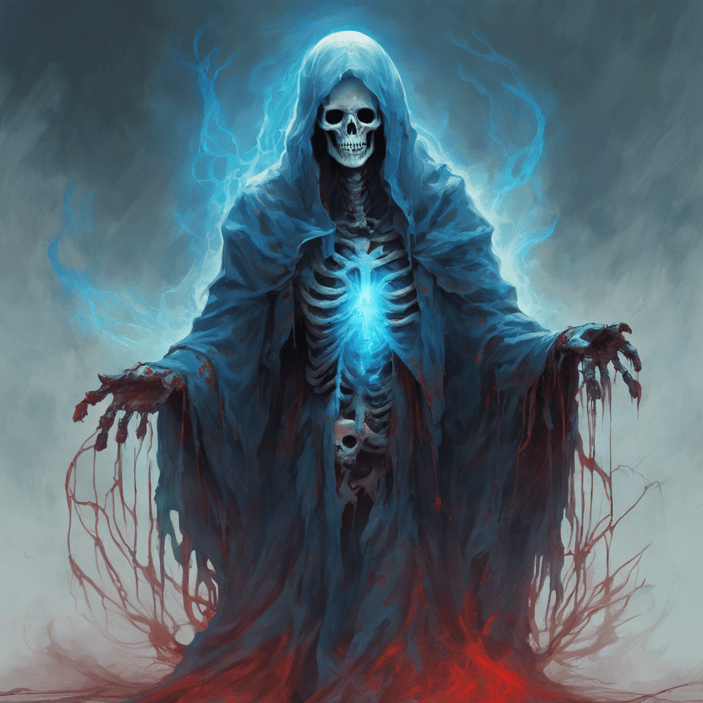 A ghastly apparition shimmering with an ethereal blue light, its tattered robes float around a skeletal frame, and its eyes burn with a malevolent red glow.