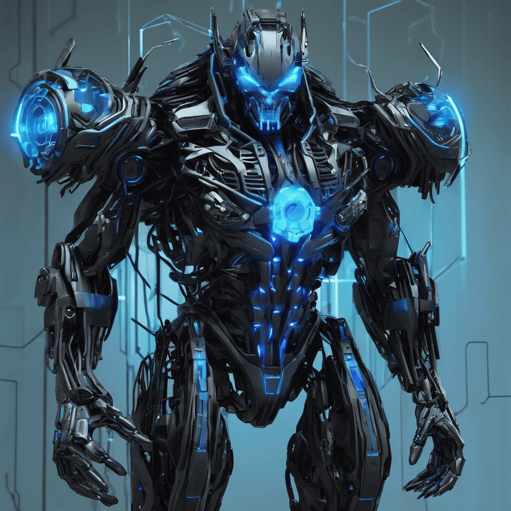 A hulking mechanical construct, sleek and humanoid in appearance, with a matte black exoskeleton crisscrossed by neon blue circuitry lines. It moves with a predatory grace, designed for intimidation and enforcement.