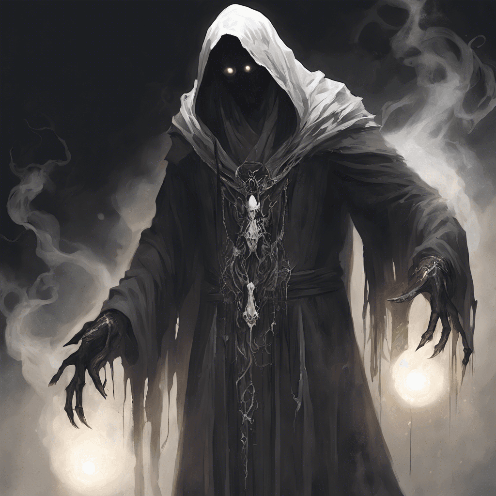 A dark and smoky apparition with piercing white eyes, tattered robes that seem to absorb the light around it, and elongated, claw-like hands.