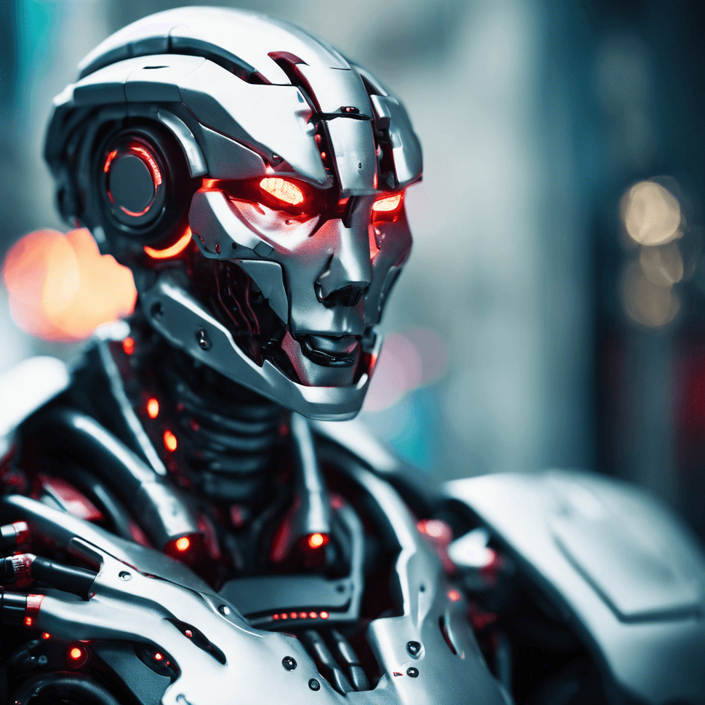 The Cybernetic Hunter is a sleek humanoid robot adorned with advanced weaponry and sensors. Its metallic exterior reflects the ambient light, giving it a sinister appearance. Red glowing eyes lock onto its targets with deadly precision.