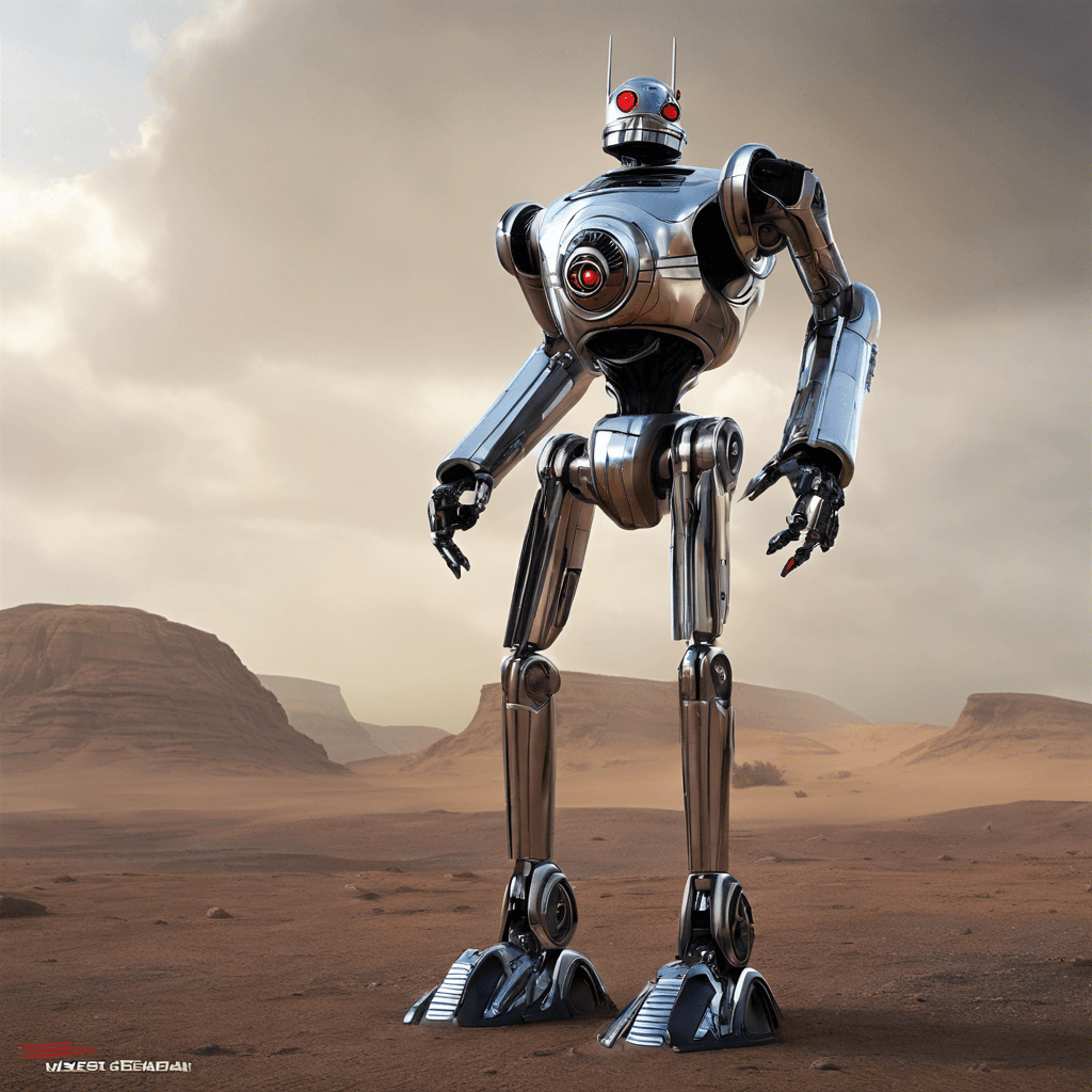 The Guardian Droid XJ-2 stands as a towering figure of polished chrome and black plating, with glaring red sensor eyes and armed with a plasma blaster and whirring energy blades protruding from its forearms.