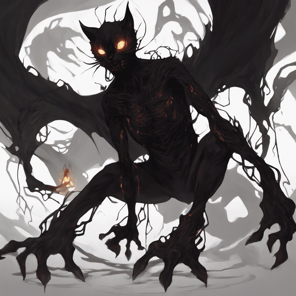 A shadowy figure with volatile form, its body twisting and contorting, features flickering between human and feline, malevolence glowing in its changeling eyes.