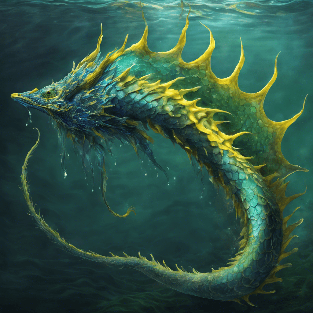 A sinuous creature with glistening blue-green scales, piercing yellow eyes, and spined frills running along its back. It has a long, whiskered snout and its body ripples with the flow of water.