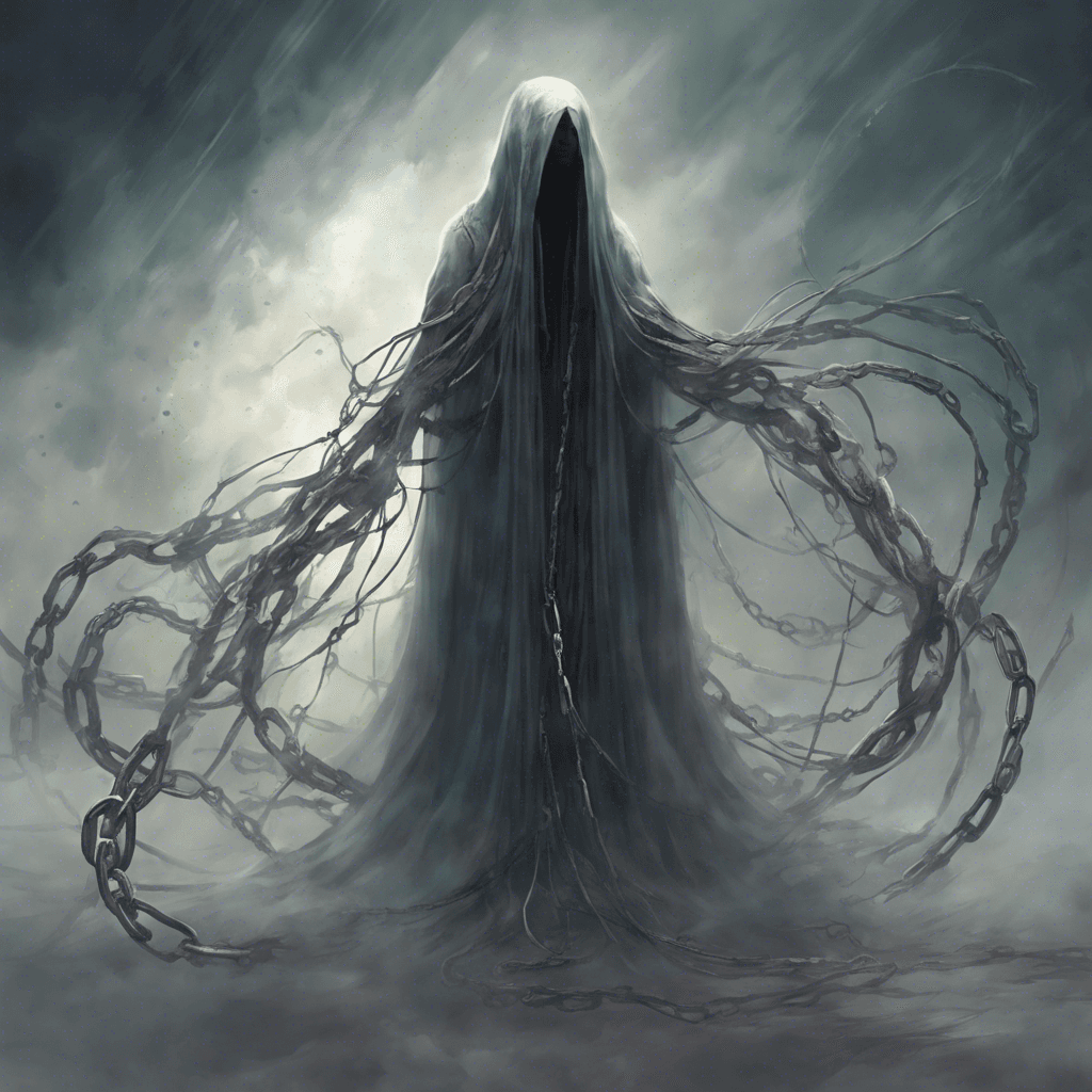 A translucent entity with hollow eyes and ethereal chains rattling as it hovers above the ground, its long, tattered cloak flowing without wind.