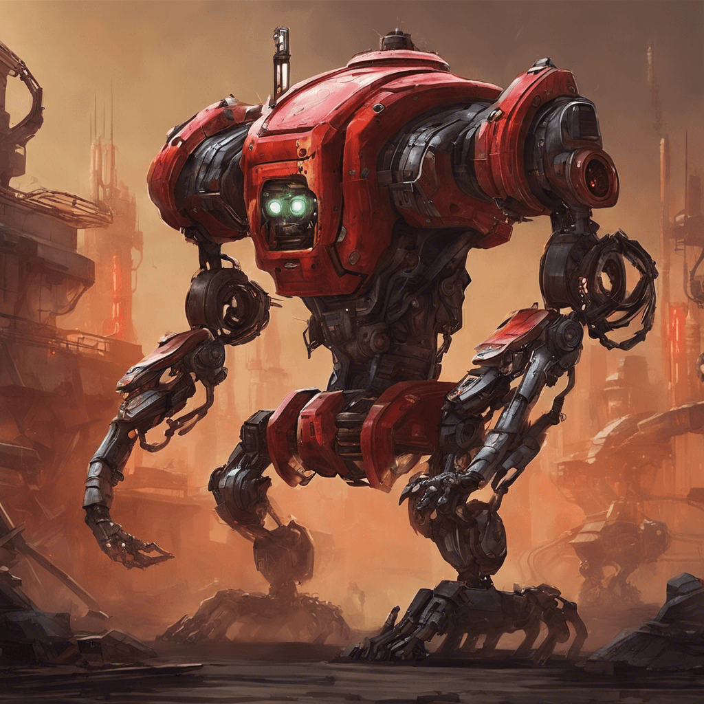 The Mechanized Scavenger is a robotic entity, standing tall with multiple limbs and a metallic exoskeleton. Its red glowing optics scan the surroundings relentlessly, looking for valuable resources to harvest. It emits mechanical whirrs and clicks as it moves, showing signs of wear and tear from previous encounters.