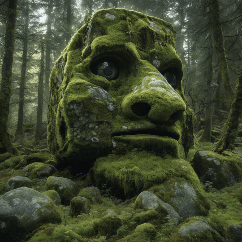 A massive stone creature covered in moss and vines, with glowing rune-etched boulders for its joints and a face etched into the front boulder with luminescent lichen for eyes.