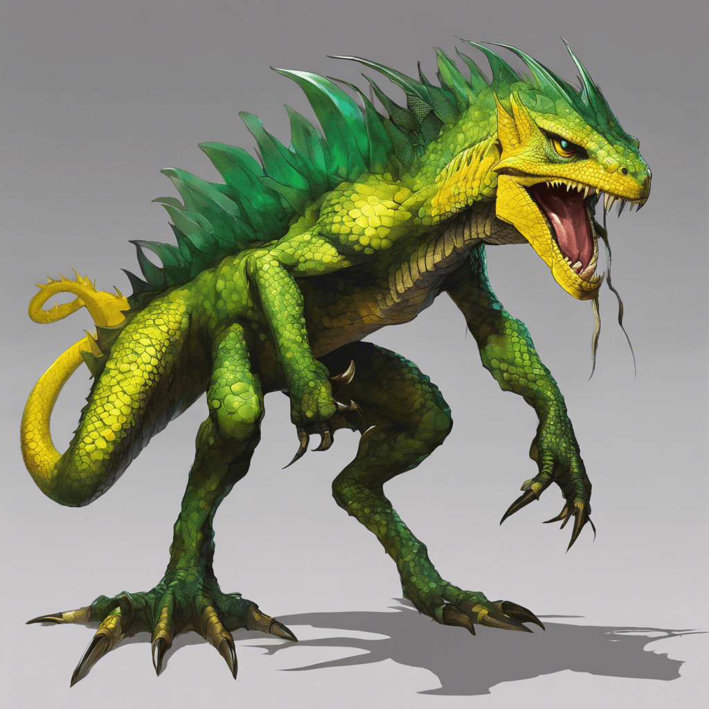 A formidable lizard-like creature with emerald green scales, bright yellow slitted eyes, and a whipping spiked tail. It moves with a predator's grace, standing over seven feet tall with long, clawed hands and a jaw full of sharp teeth.