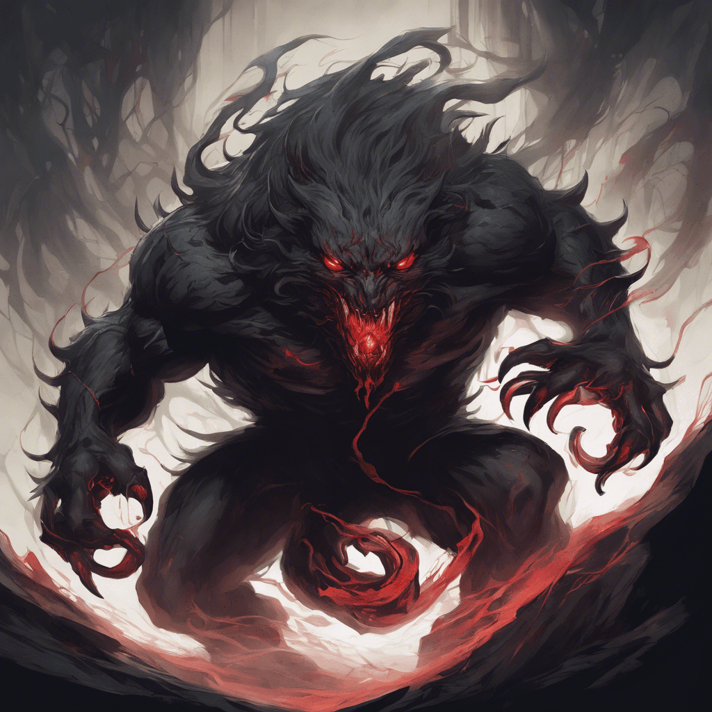 A hulking beast shrouded in darkness, with piercing red eyes, razor-sharp claws, and ethereal tendrils of shadow swirling around its form.