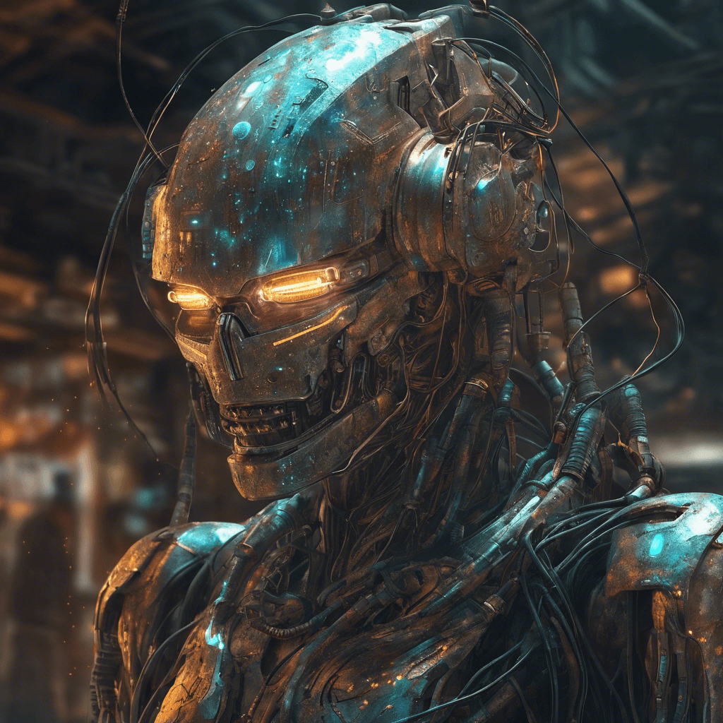 Humanoid figure clad in scavenged cybernetic armor, flickering holographic visor obscuring the face, limbs augmented with various hacked-together, rusted metal implants and wires, emitting sporadic sparks.