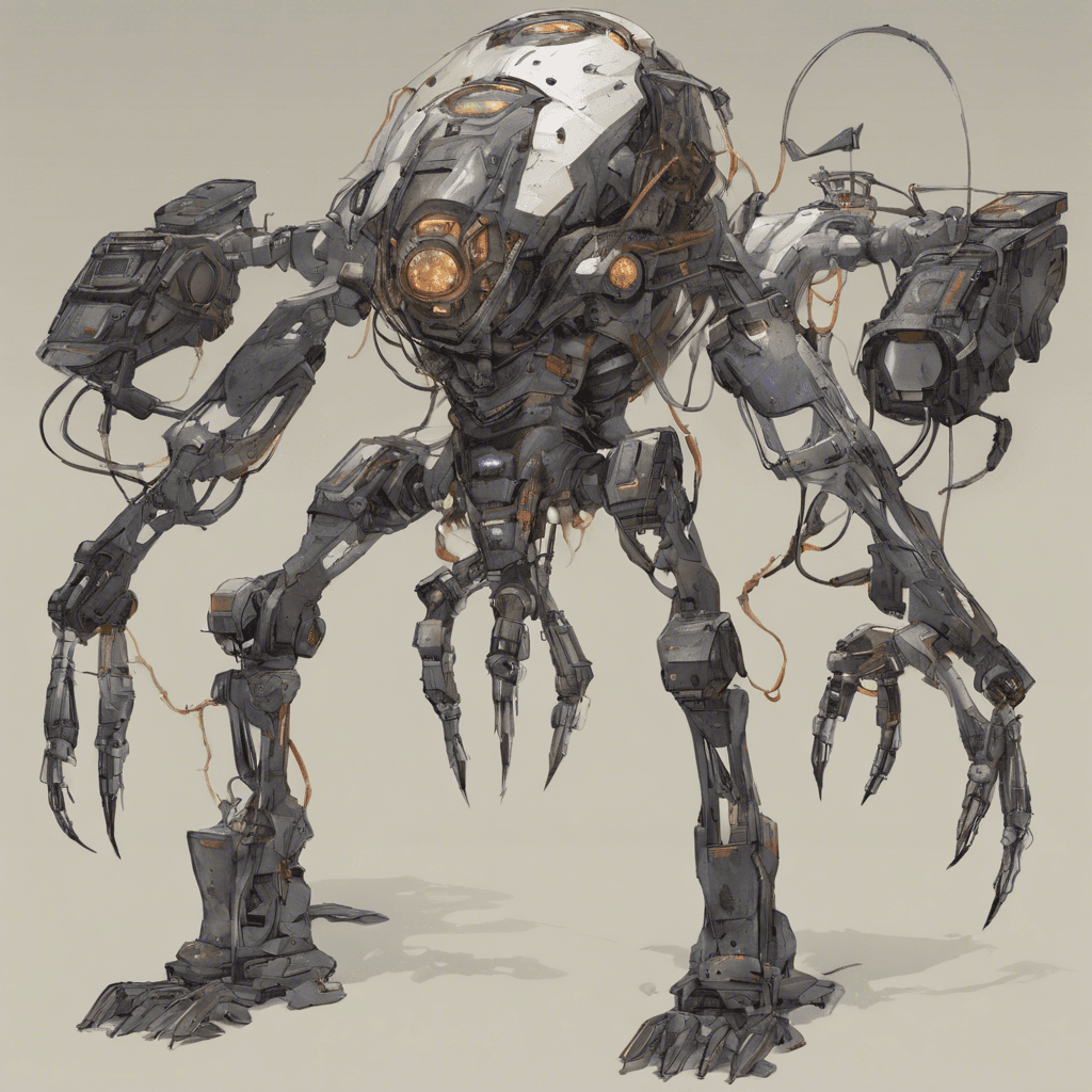 A looming eight-foot-tall creature with a heavily armored exoskeleton and a multitude of blinking sensors for eyes. It has four arms, each ending in a different tool or weapon, and it moves silently despite its massive frame.