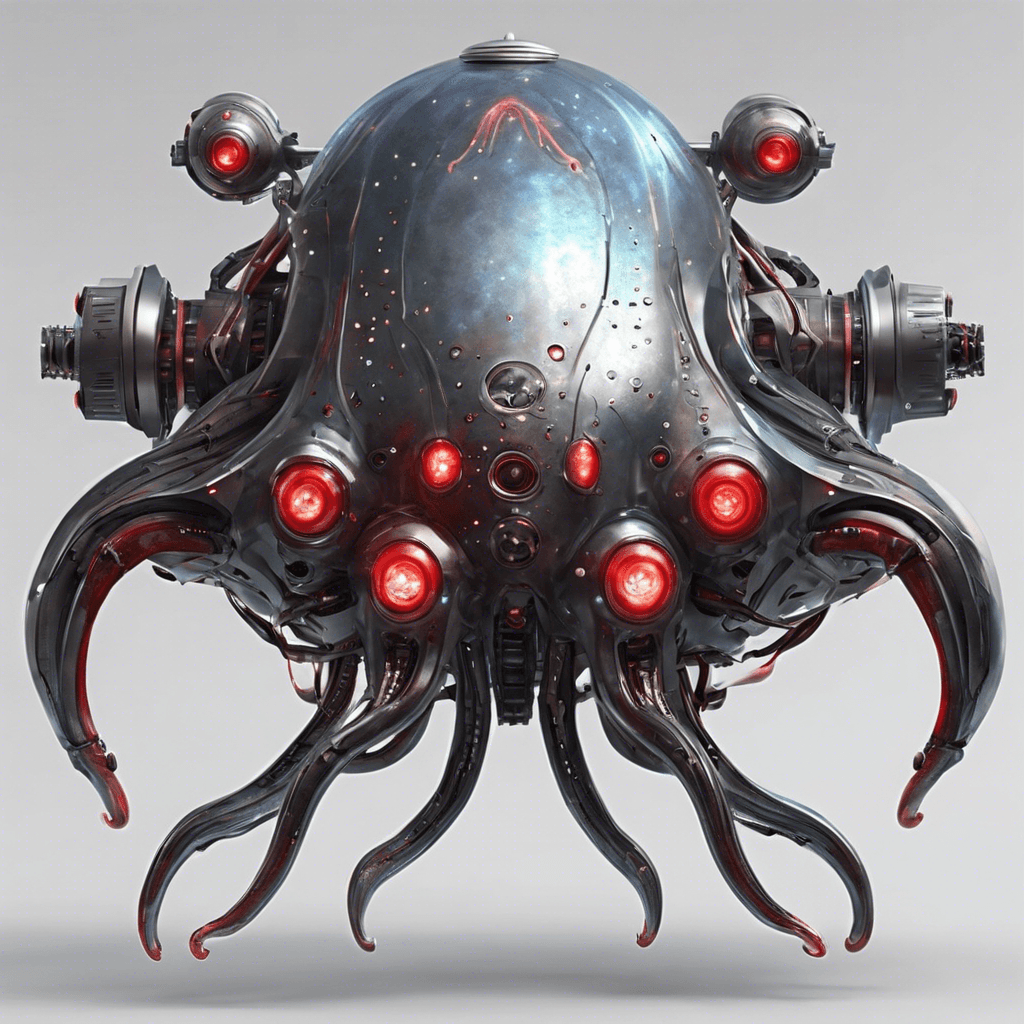 A giant mechanical squid with a sleek metallic body, sharp tentacles, and glaring red sensors that serve as eyes. It silently moves through space using advanced propulsion technology, leaving a trail of shimmering stardust.