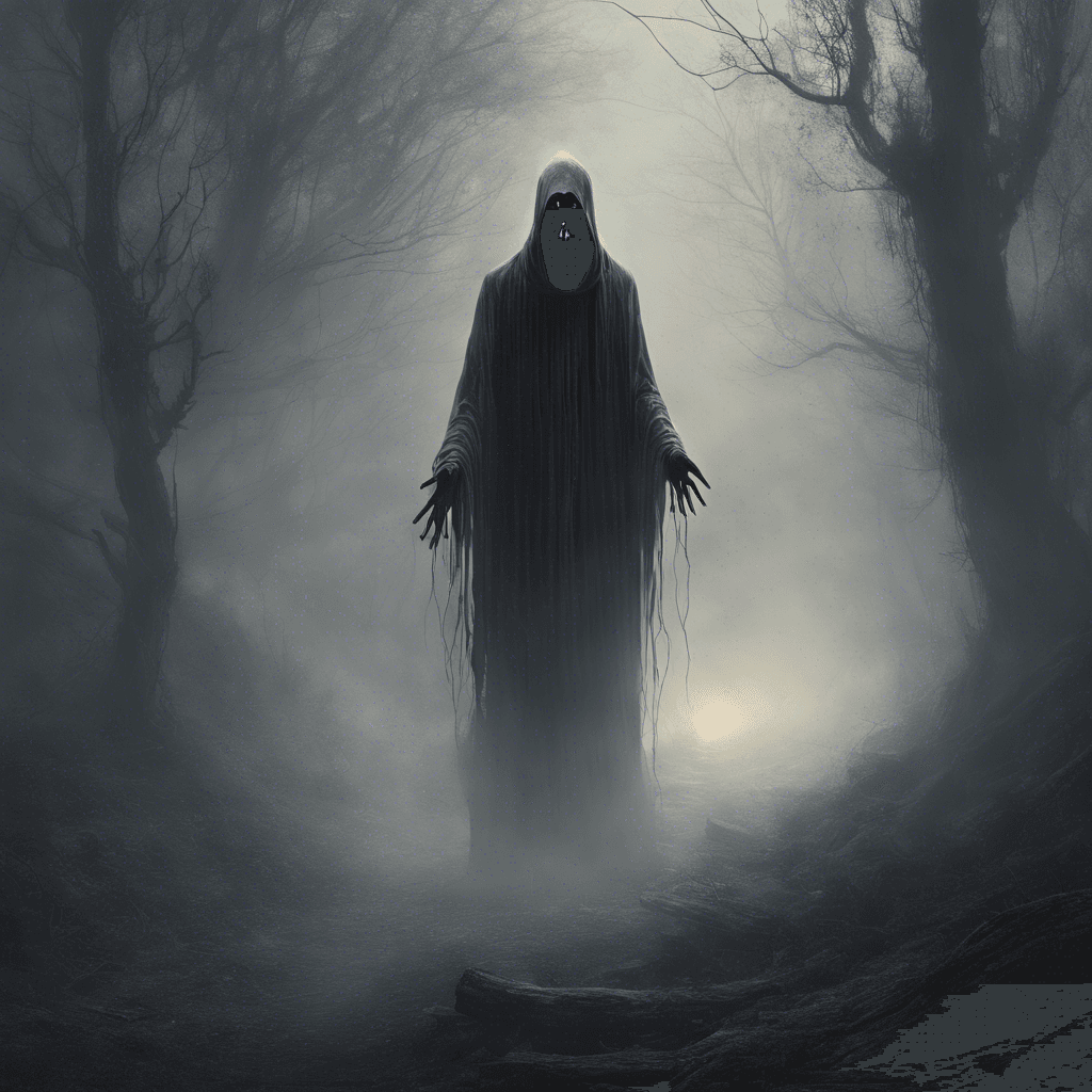 The Specter of the Forgotten is a tall, shadowy figure that seems to flicker in and out of existence. Its eyes are hollow voids, and its ghostly form exudes an aura of cold dread. Wisps of ethereal mist trail behind it as it moves, leaving a chilling sensation in its wake.