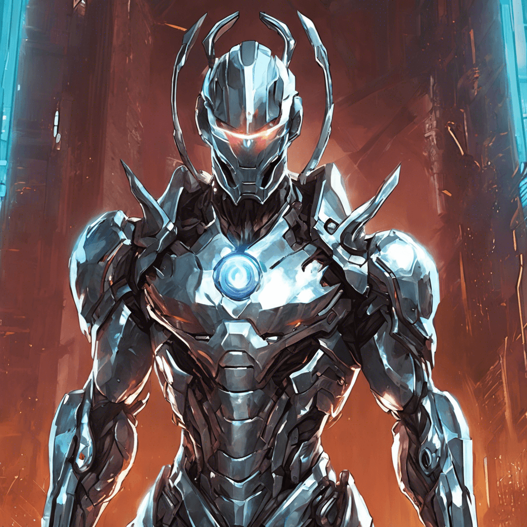 A towering figure clad in mirror-polished armor, reflective visor hiding their features. Equipped with advanced cybernetic limbs granting superhuman strength, and an arsenal of integrated weaponry including a cloaking device, an arm-mounted laser, and shockwave pulse grenades.