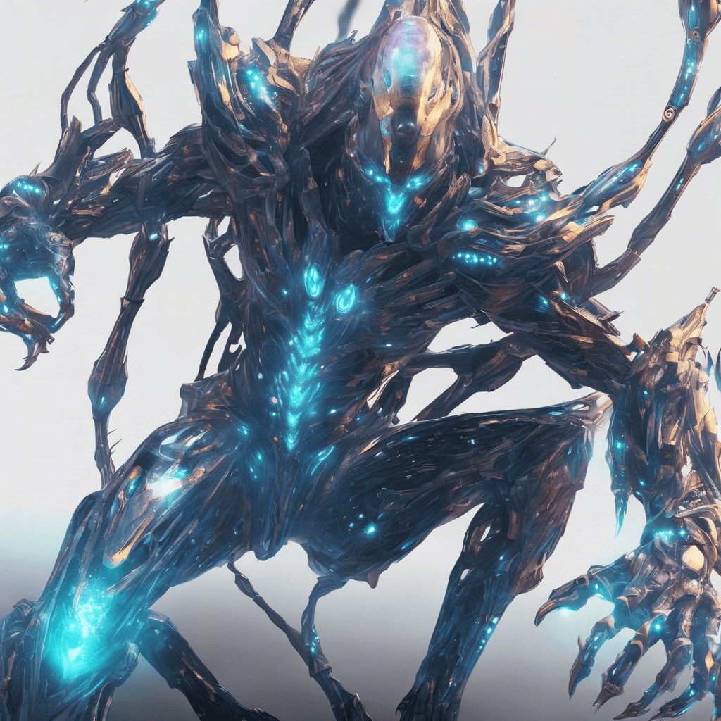 A ghastly figure with a translucent, ethereal body, pulsating with crackling digital energy. It is adorned with fragmented cybernetic armors and its eyes are glowing orbs of code streams. Its hands end in elongated, razor-sharp digitized claws.