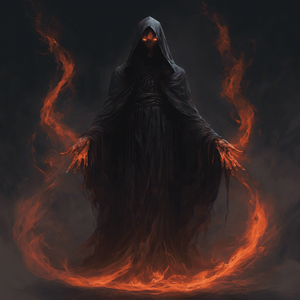 A shadowy figure with eyes like burning coals, tattered dark robes flowing without wind, and hands that end in wisps of darkness.