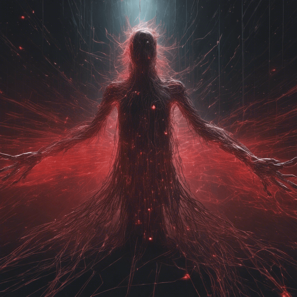 A spectral figure, shimmering with static and bursts of binary, its form is ghost-like, leaving trails of corrupted data in the air. Its eyes are piercing LED red, and its limbs elongate into tendrils of fizzing, volatile code fragments.