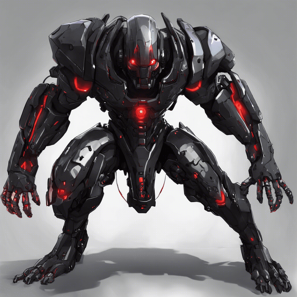 The Cybernetic Enforcer is a towering figure clad in sleek, black cybernetic armor. Glowing red eyes scan the area as its mechanical limbs move with precision and speed. It emits a low hum of power, indicating its formidable strength and advanced technology.