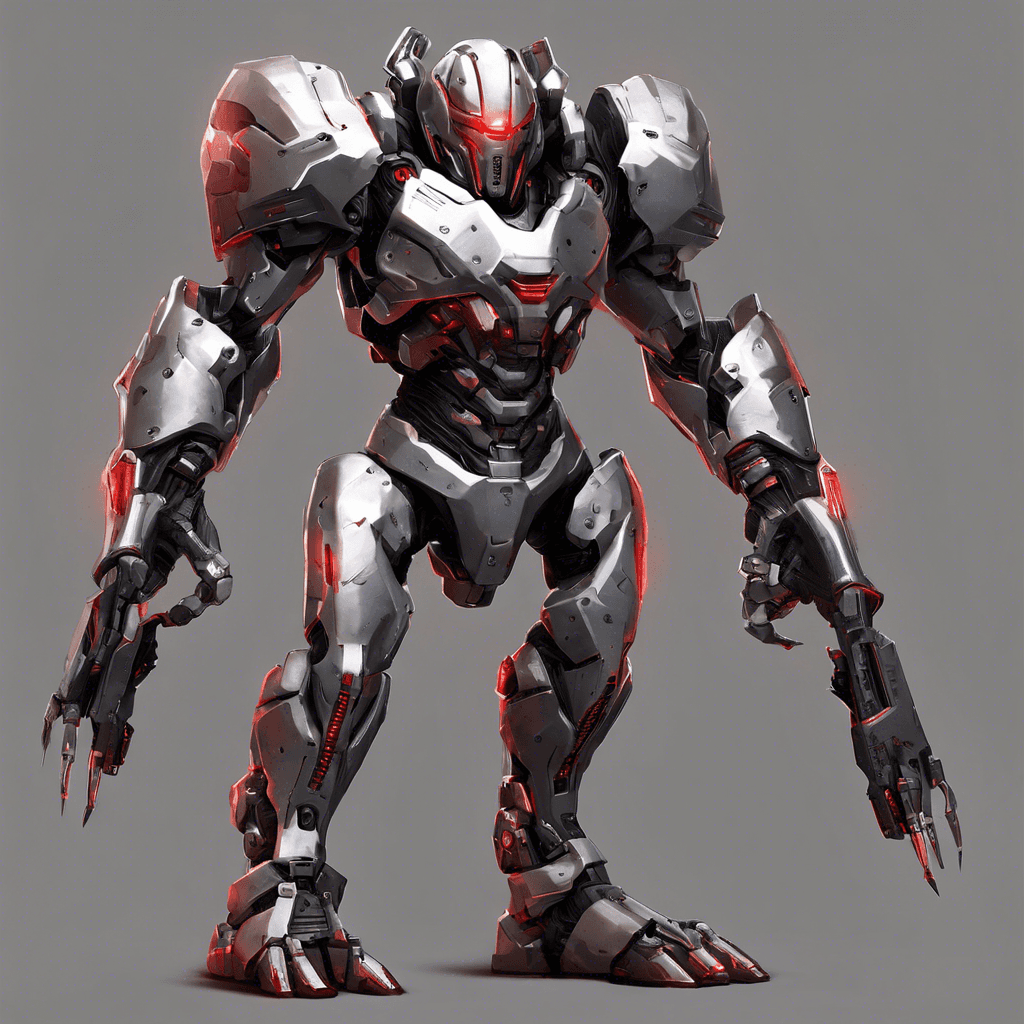 The Cybernetic Enforcer is a towering humanoid figure with sleek metal armor and glowing red eyes. Its cybernetic enhancements are visible through gaps in its armor, revealing deadly weapon attachments and augmented strength. It moves with precision and speed, a formidable opponent in close combat.