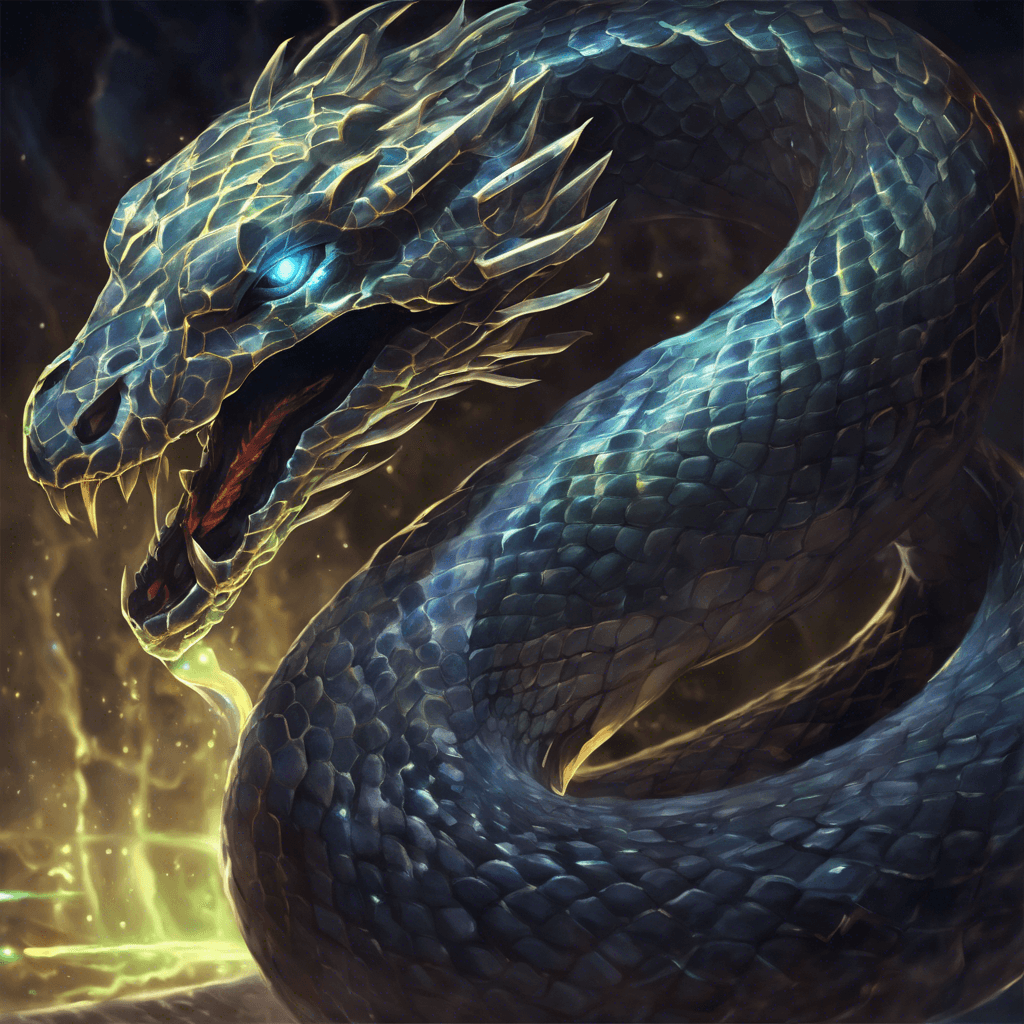 The Void Serpent is a massive snake-like creature with shimmering scales that seem to shift between dimensions. Its eyes glow with an otherworldly energy, capable of hypnotizing its prey before striking with deadly precision.