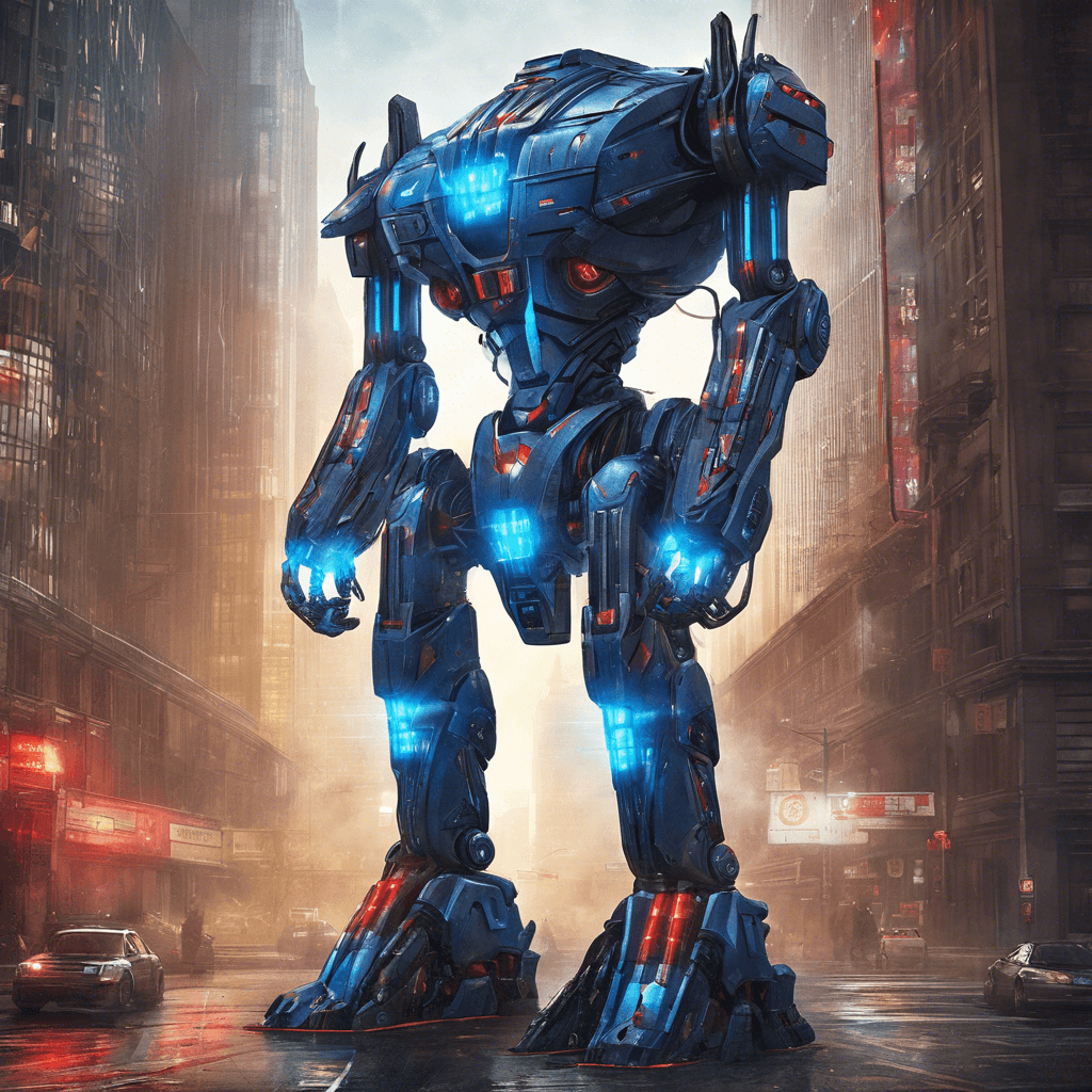 The Mechanoid Sentinel is a towering robotic entity, standing at least ten feet tall. Its sleek, metallic frame is adorned with glowing blue circuitry lines that pulse with energy. Its arms end in sharp, extendable blades, ready to strike at any intruders. Its single red optical sensor scans the area with precision, locking onto targets with deadly accuracy.