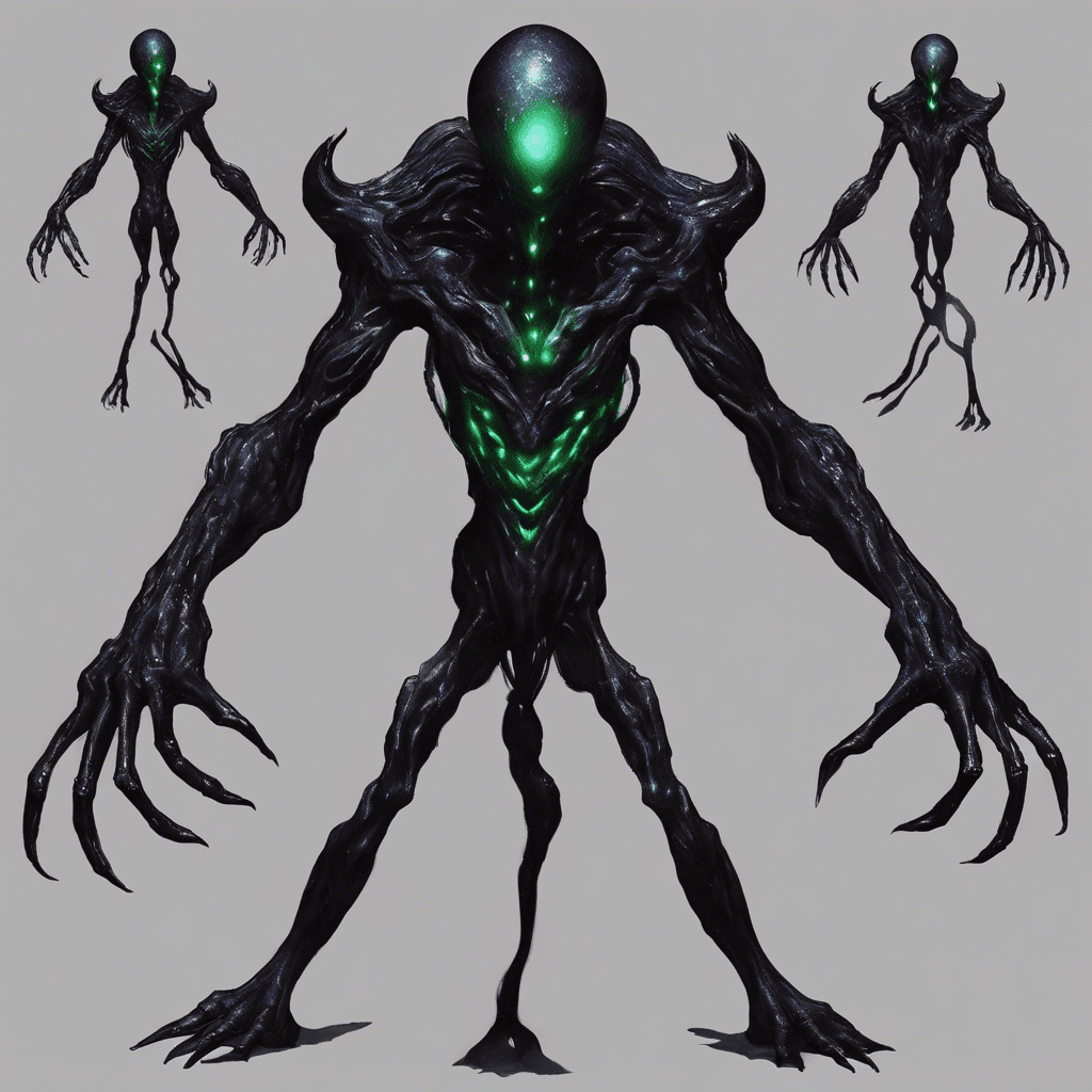 The Voidwalker is a mysterious alien creature with a shimmering, shifting form that seems to defy the laws of physics. It appears as a humanoid figure made of pure darkness, with glowing eyes that pierce through the shadows. Its limbs contort and elongate, reaching out to grab its prey with unnerving precision.