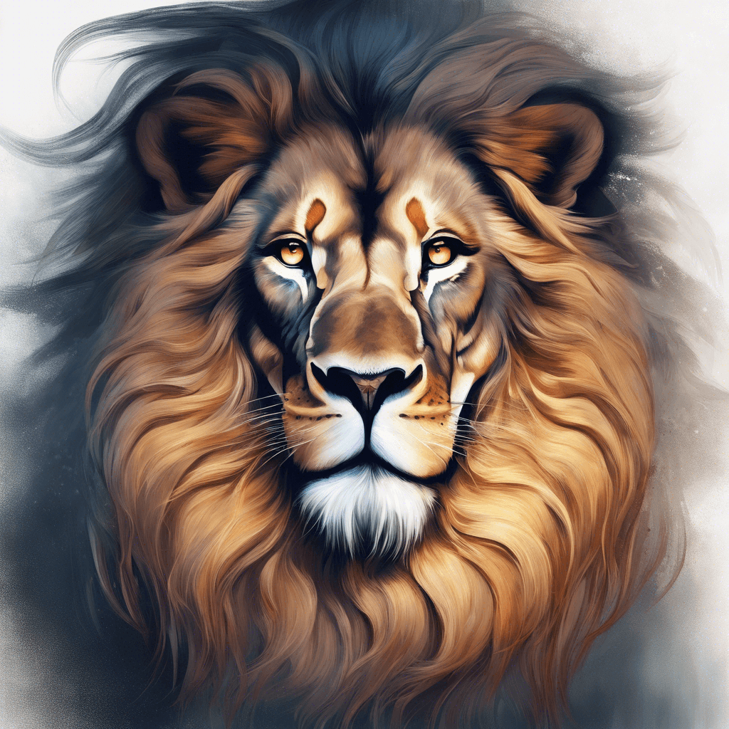 A majestic lion, but its fur shimmers with an ethereal glow, and its eyes gleam with a supernatural light. Around its mane, a faint aura of dusk seems to follow, giving it a mysterious and otherworldly appearance.