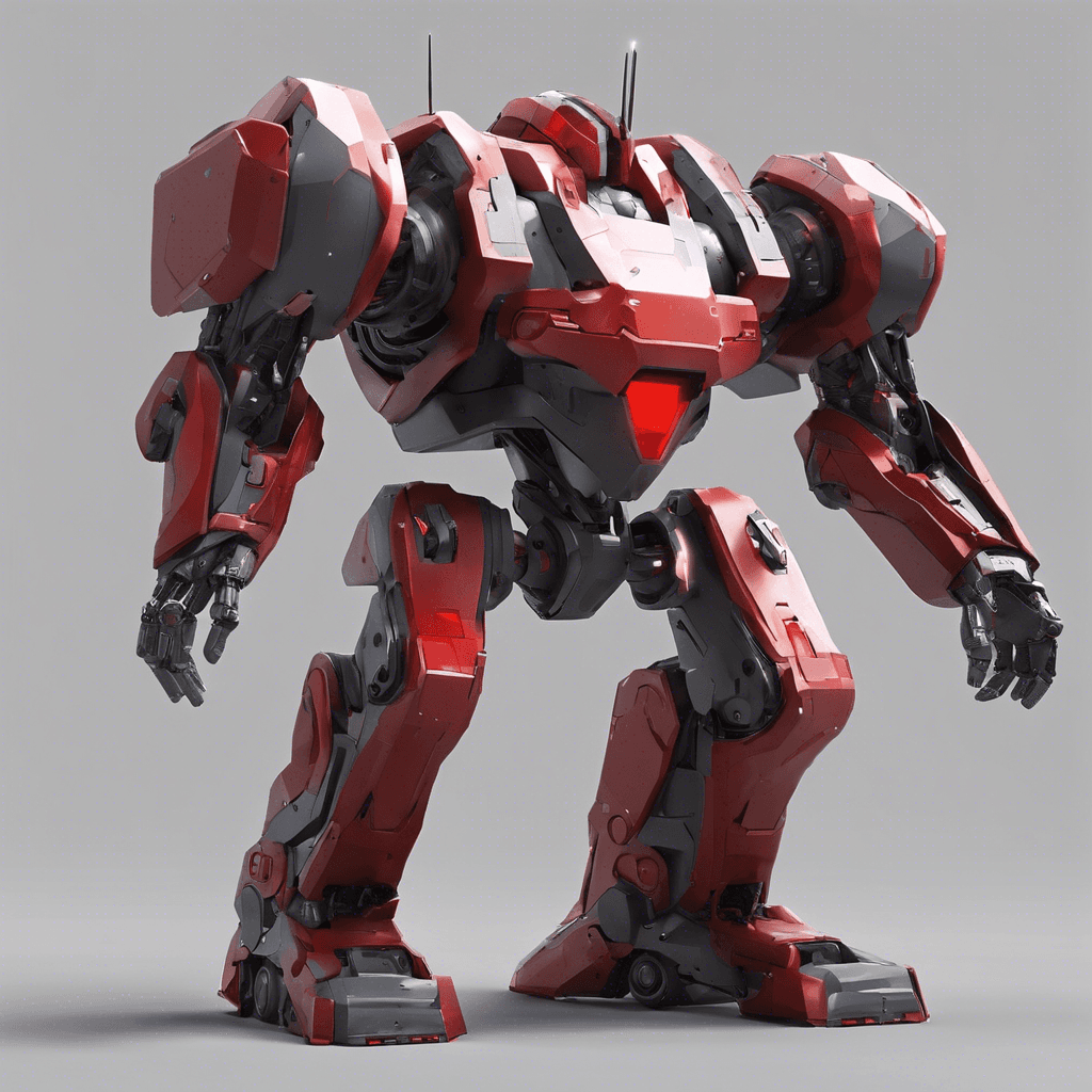 A sleek robotic figure with angular, armored plating, red visor scanning for targets, equipped with a turret for an arm.