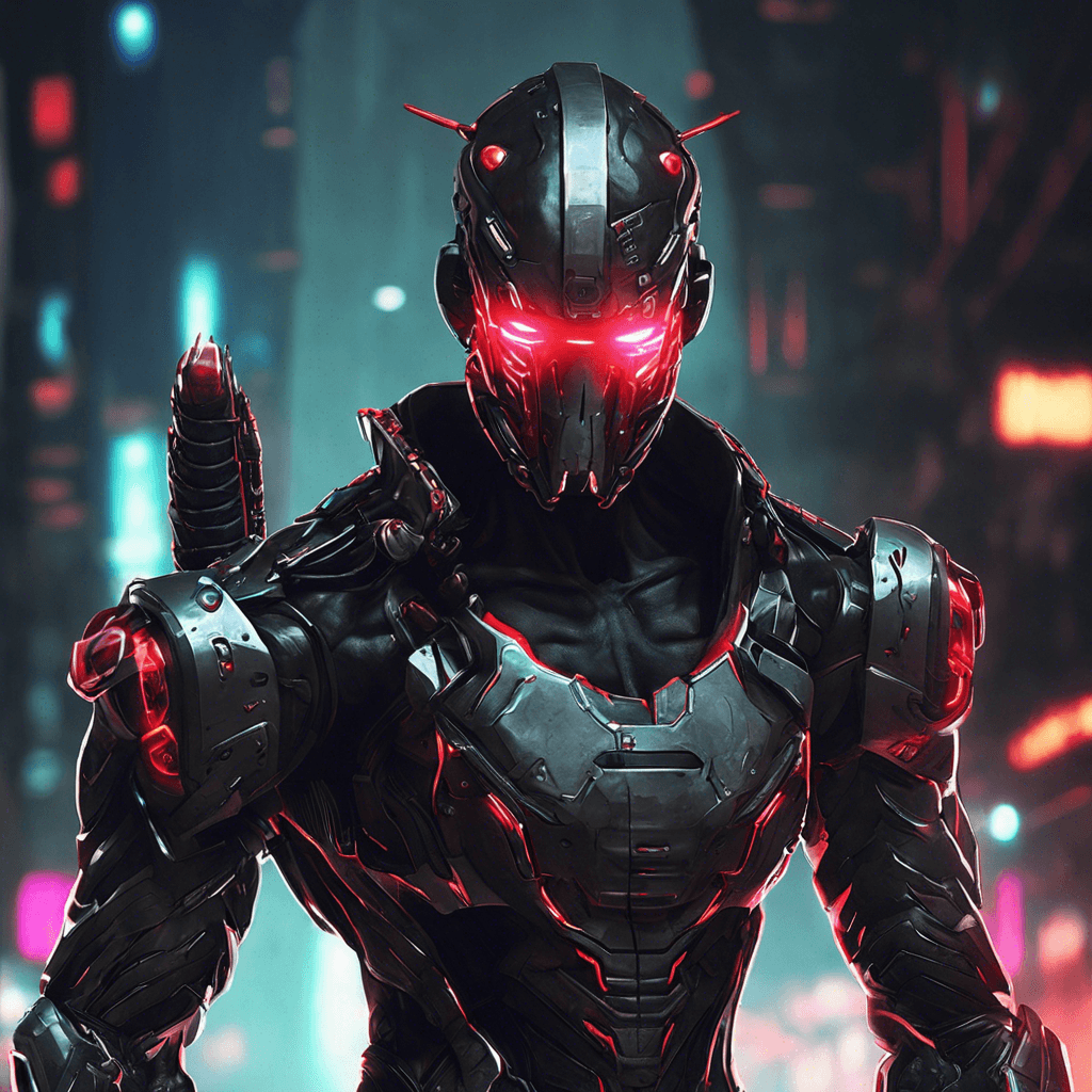 The Cyber Stalker is a humanoid figure covered in sleek cybernetic armor, with glowing red visor for eyes that pierce through the darkness. Its limbs are enhanced with sharp cybernetic blades, ready to strike at a moment's notice. It moves silently and swiftly, blending in with the neon-lit urban landscape of the cyberpunk world.