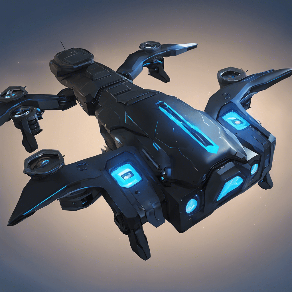 A sleek but ominous drone hovers through the air, its dark metallic carapace fitted with various sensor arrays and pulsing blue lights. Armaments include a compact railgun, anti-tamper explosives, and a coded beacon to alert reinforcements.