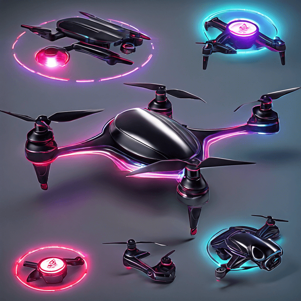 A sleek, hovering quadcopter drone, with a metallic body reflecting the neon lights. Its four rotors emit a soft hum. It's equipped with a red scanning laser eye and underslung security weaponry.