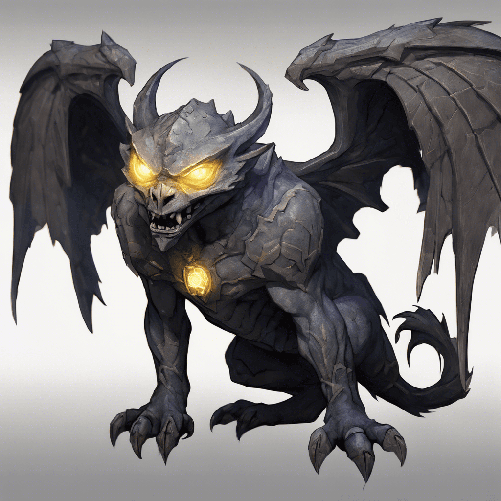 A stone gargoyle with glowing runes etched across its wings and body. It has a snarling face with sharp fangs and its eyes emit a faint magical light. Its talons look sharp and its stone skin seems nearly impervious to normal attacks.