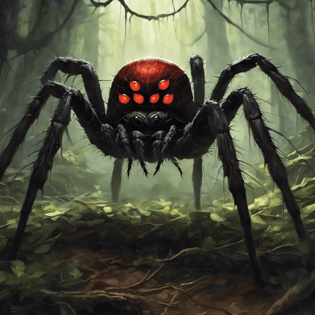 A colossal spider with a shimmering ebony carapace, its eight eyes gleaming with a fiendish red light. Its massive legs are covered in thorny bristles, and venom drips from its oversized fangs, which glisten in the scant light filtering through the canopy above.