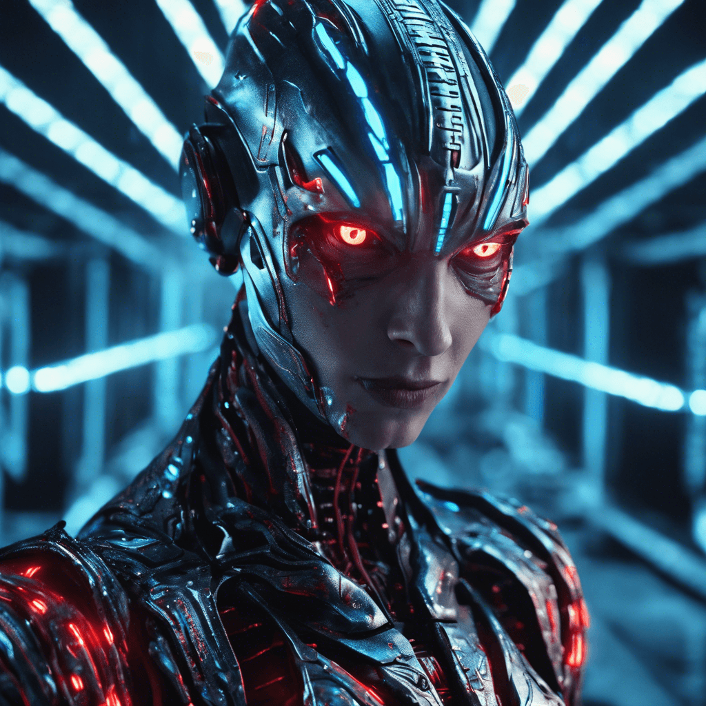 The Cyber-Splicer is a humanoid AI with a sleek silver and blue metallic body, adorned with pulsating neon circuit patterns. Its eyes glow a menacing red as it wields a digital sword with deadly precision. It can manipulate code in real-time, altering its surroundings to its advantage.