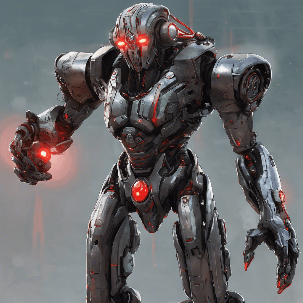 A towering cybernetic sentry, Techlock Guardian has a humanoid shape fashioned out of chrome and gunmetal alloys. Its eyes glow with a piercing red light, wires and conduits intertwined within its massive frame, and gauntleted hands equipped with integrated blasters.