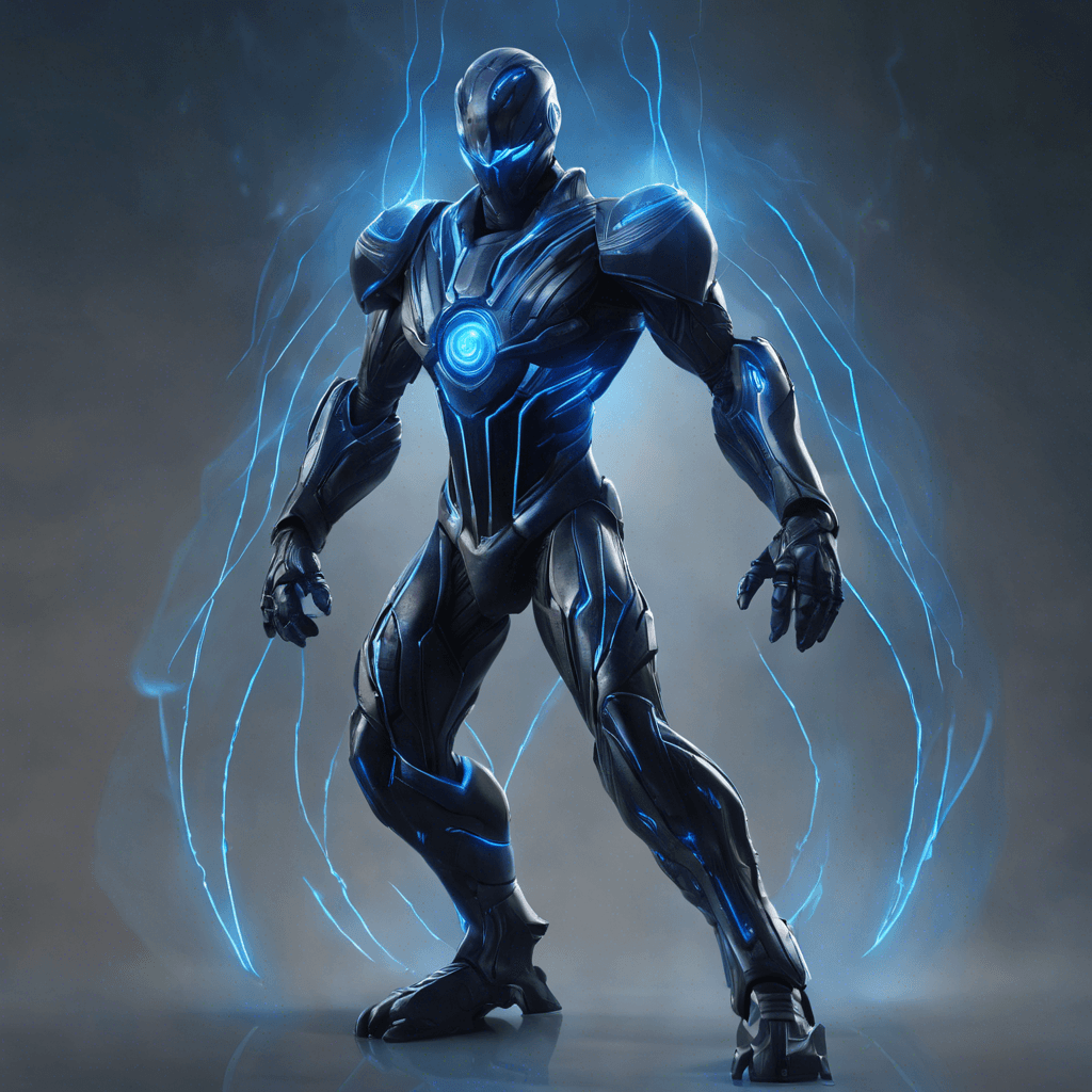 The Graviton Overseer is a humanoid figure clad in dark, sleek armor, with glowing blue energy lines running across its body. It hovers above the ground, manipulating gravitational forces around it with ease. Its glowing eyes lock onto its targets with a cold, calculating gaze.