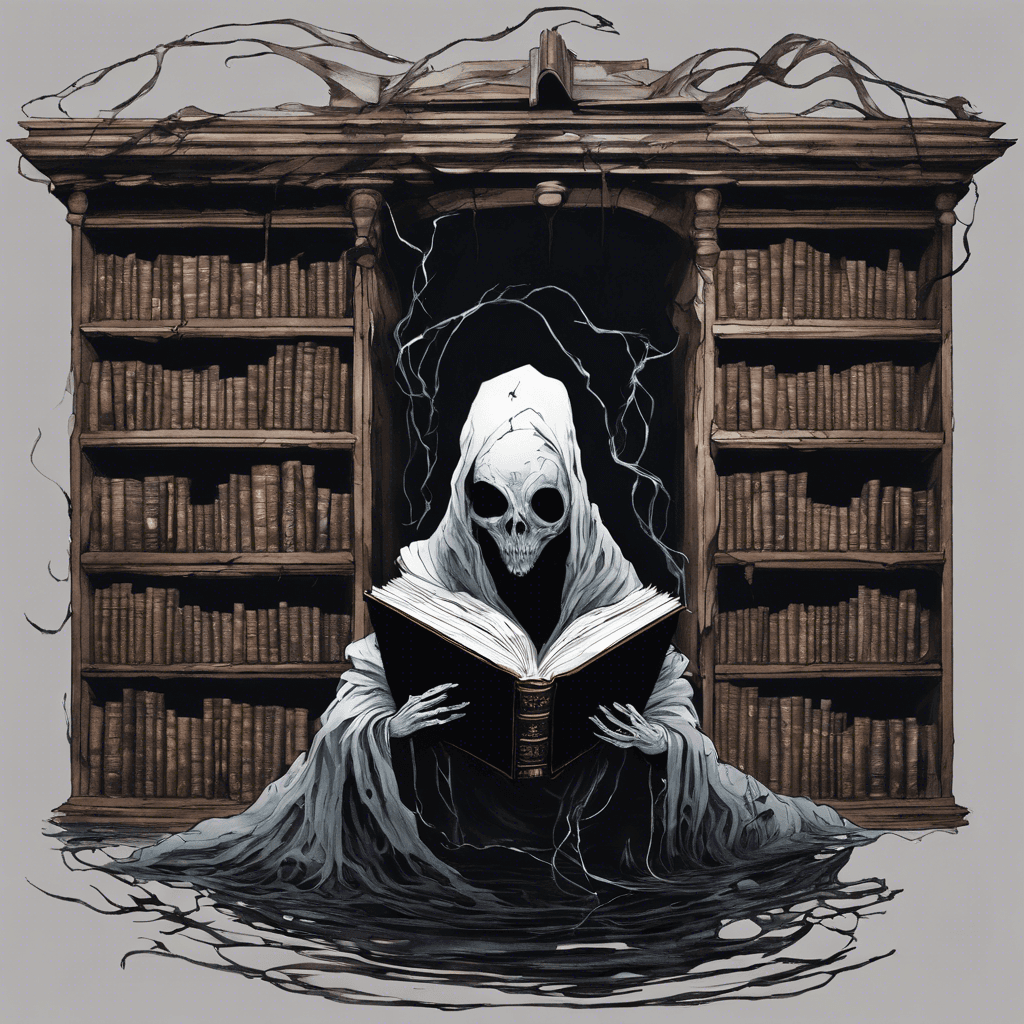 Floating amidst the decayed bookshelves, a spectral entity guards the library. Its malformed figure is composed of tethered pages and cracked leather book covers, with inky darkness pulsing where its eyes should be. Clasped within its swirling form, a book radiates an eldritch energy.