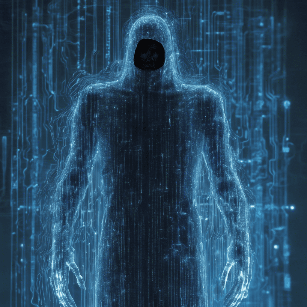 The Techno Spectre is a ghostly figure that flickers in and out of existence, leaving behind a trail of digital glitches and static in its wake. Its body is partially transparent, revealing a network of glowing circuitry underneath its translucent skin. Its eyes glow with an eerie blue light, scanning its surroundings for potential targets.