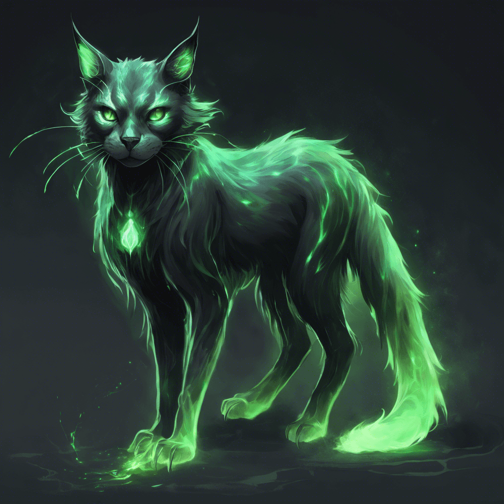 A spectral feline creature with smoky, translucent fur, piercing green eyes that glow in the darkness, and elongated claws that crackle with arcane energy.