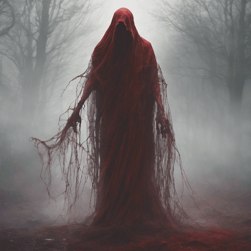 A ghostly figure with tattered robes floating about its form, skeletal hands visible beneath the frayed cloth, eyes glowing a baleful red. Ethereal chains clank softly around its wrists, trailing off into the mists that seem to follow it.