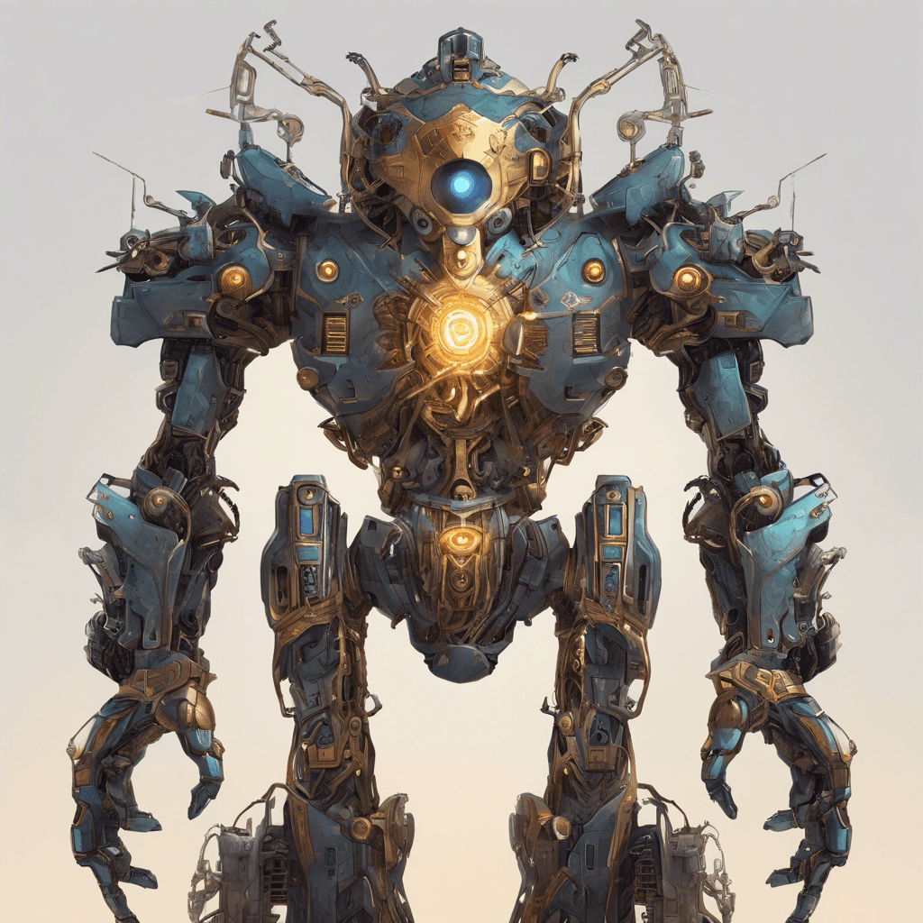 A towering mechanoid guardian with a metallic exoskeleton shimmering with temporal energy. It has glowing eyes and is adorned with ancient symbols that pulsate with power.