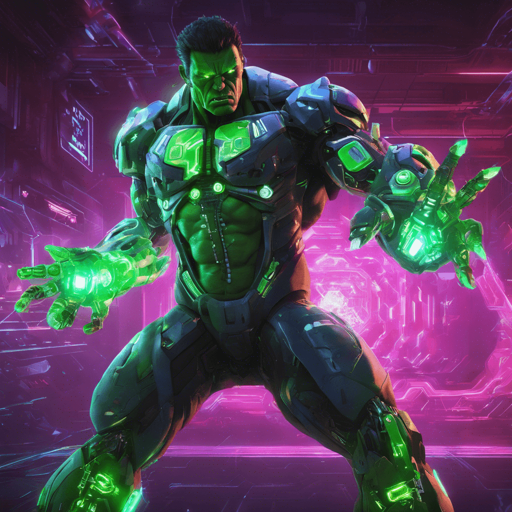 A hulking figure with neon green cybernetic implants, eyes glowing with menacing digital codes, projecting a holographic aura of shifting geometries. The enemy's left arm transforms into an assortment of hacking tools and weapons.