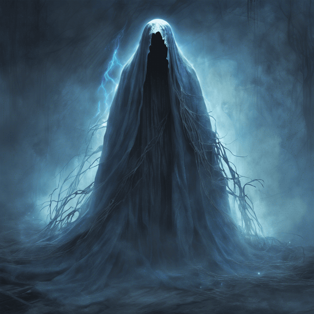 A ghostly figure enshrouded in tattered robes, its eyes glow with an eerie blue light. Its presence chills the air, and tendrils of shadow seem to weave around its form.