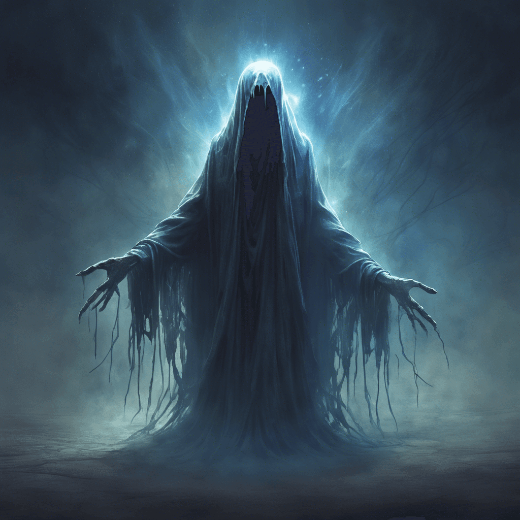 A spectral figure that floats above the ground, cloaked in tattered robes that seem to be made of the very shadows around it. Its eyes are hollow yet gleam with an eerie blue light, and its hands are elongated, with wisps of dark energy emanating from its fingertips.