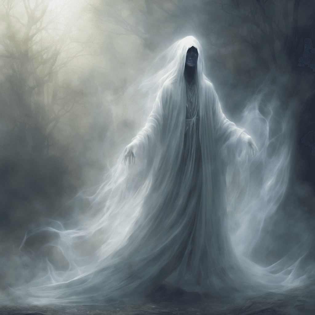 A ghostly figure, shrouded in ethereal robes that flutter as if in an imperceptible breeze. Its eyes are hollow, gleaming with an unnatural light, and its hands emanate a cold, spectral mist.