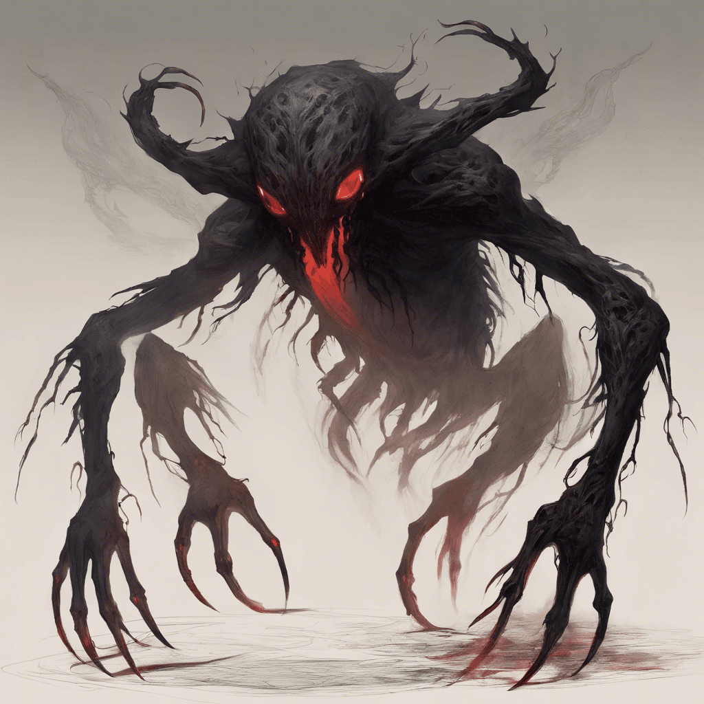 A creature composed entirely of shadows, with wisps of darkness leaking from its form like smoke, red eyes glowing like coals, and elongated claws that seem to absorb light.