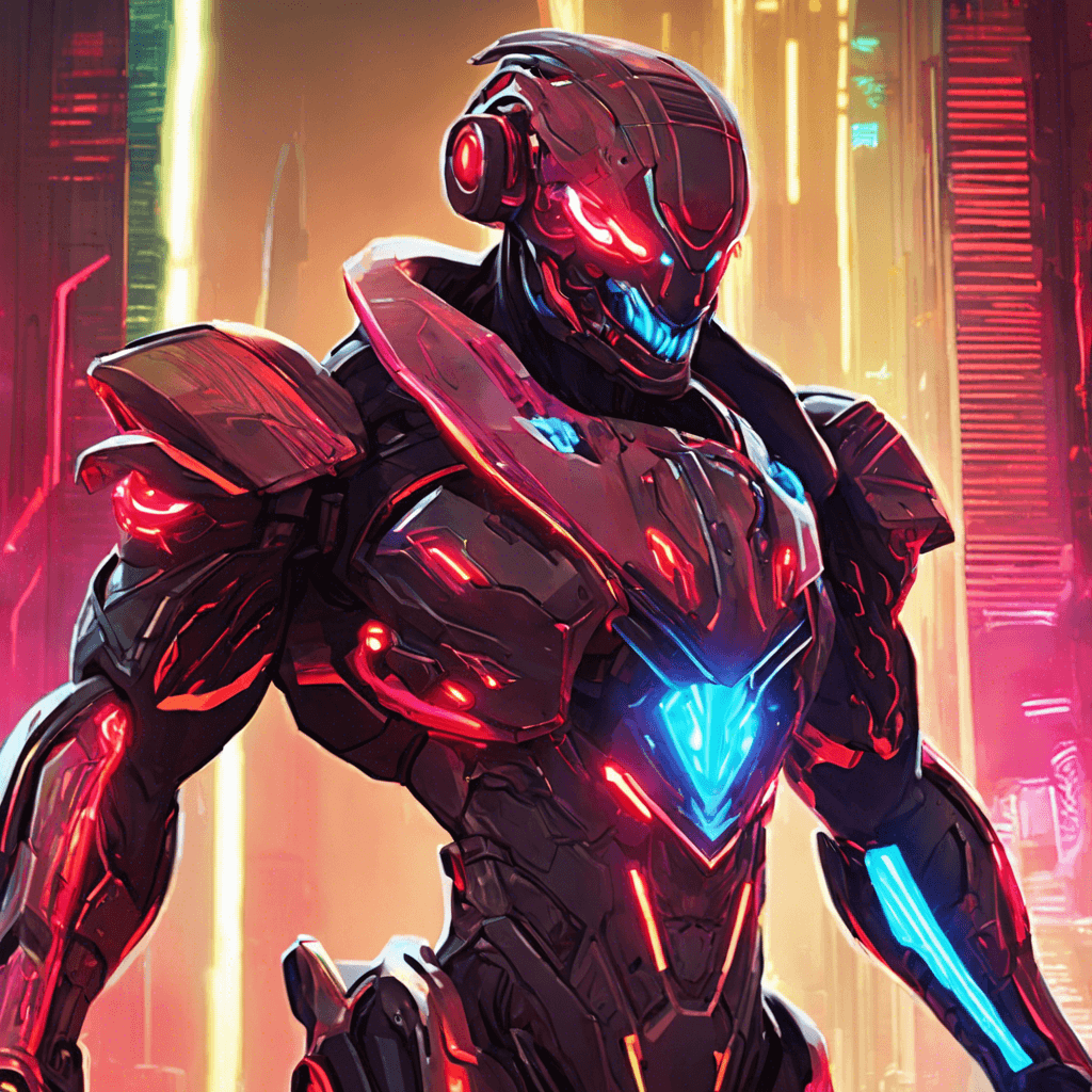 The Neon Strider Cyborg is a towering figure adorned in neon lights, its body partially concealed beneath a sleek armor plating. Its eyes glow with a menacing red hue, and its cybernetic limbs move with inhuman speed and agility. At its core, a ruthless AI controls its every move, ready to strike down any intruders in its path.