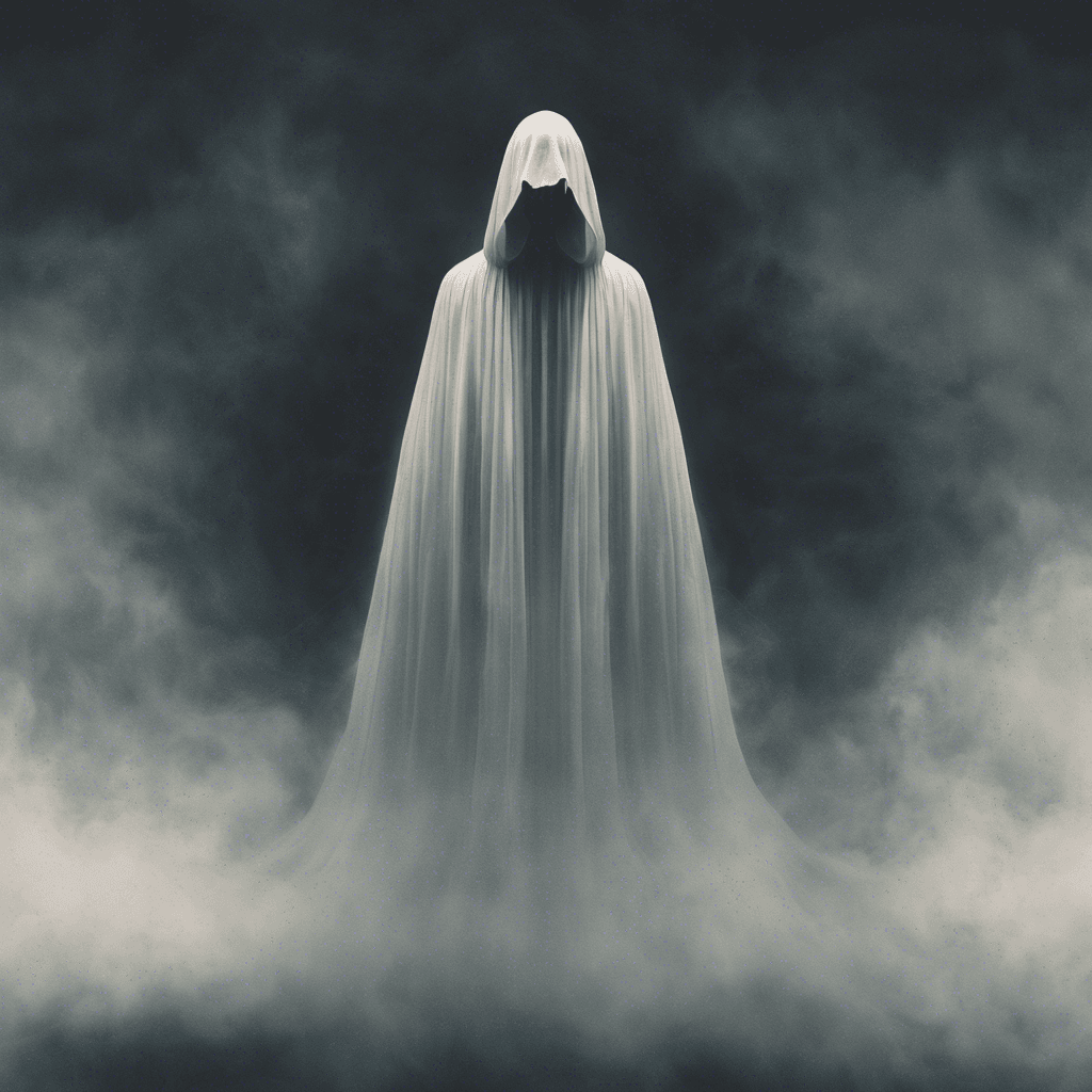 A translucent specter floating above the ground, with hollow eyes and a tattered robe trailing off into ethereal mist.