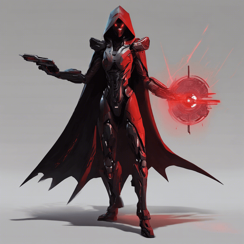 A sleek, stealthy figure cloaked in shadow and adorned with cybernetic enhancements. Its eyes glow a menacing red, scanning the environment for targets. Its movements are precise and deadly, equipped with retractable blades and built-in weaponry.